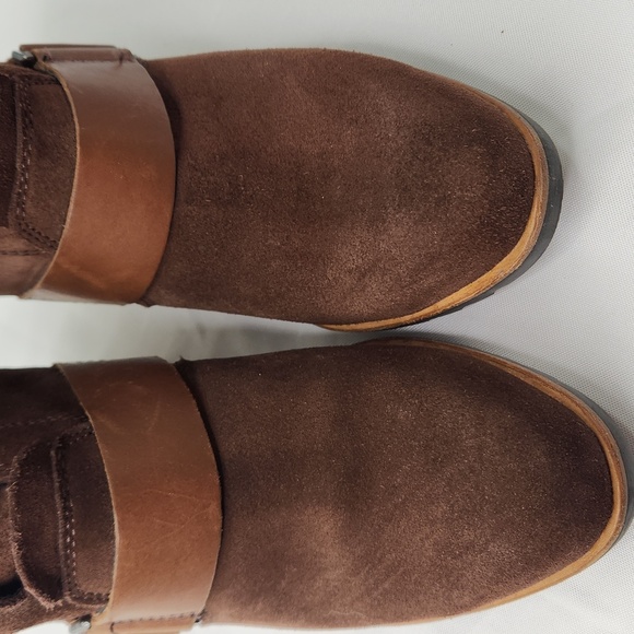 Sorel After Hours Suede Wedge Booties Brown Ankle Leather Straps - Picture 6 of 8